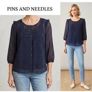 PINS & NEEDLES, Beautiful Boho navy blue polka dot print sheer blouse